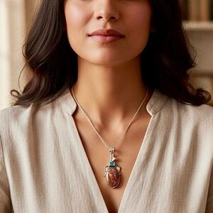 Blue Topaz Sterling Silver Rock Fossil Pendant Charm